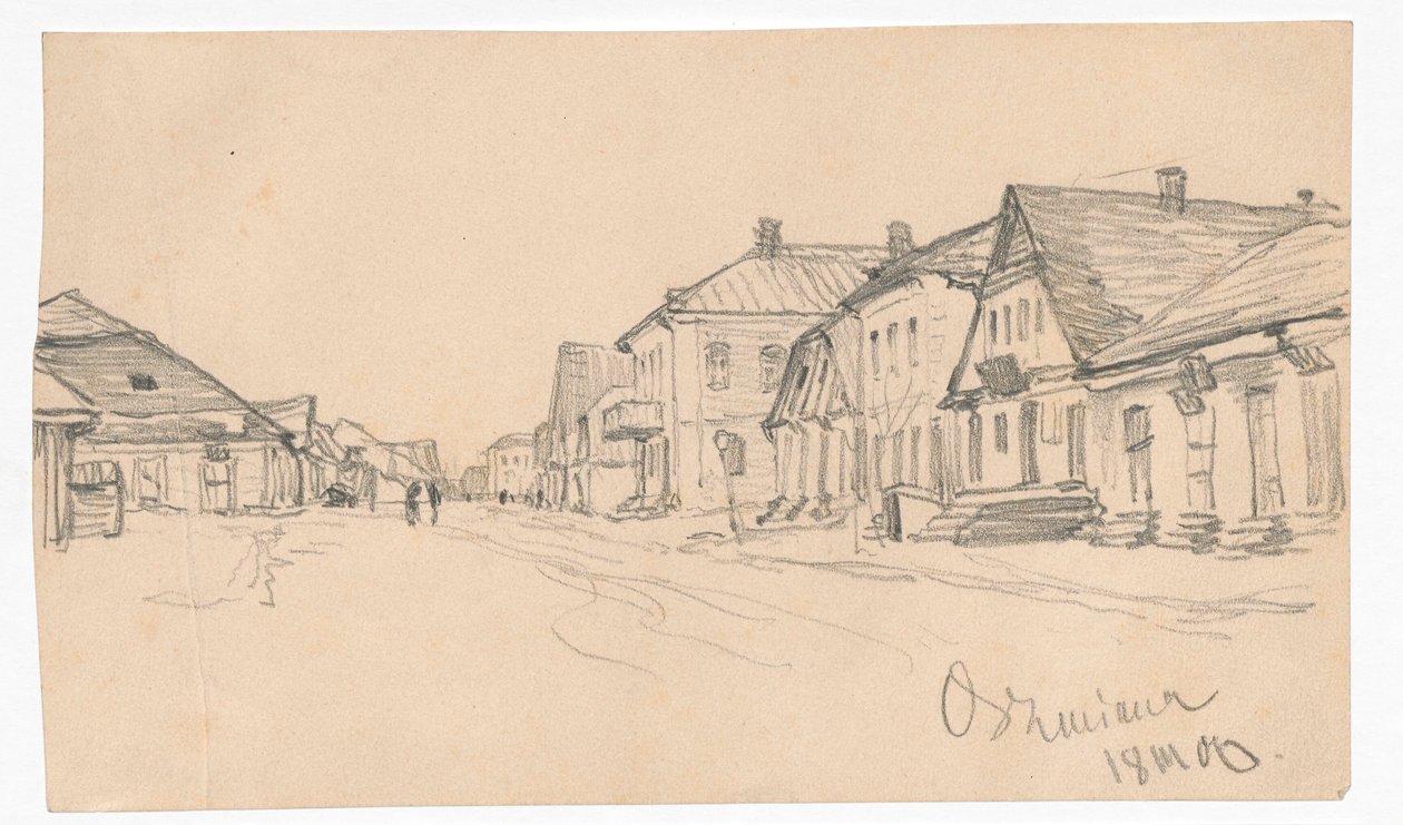 Een straat in Oszmiana; achterzijde: schets van een deur door Ferdynand Ruszczyc