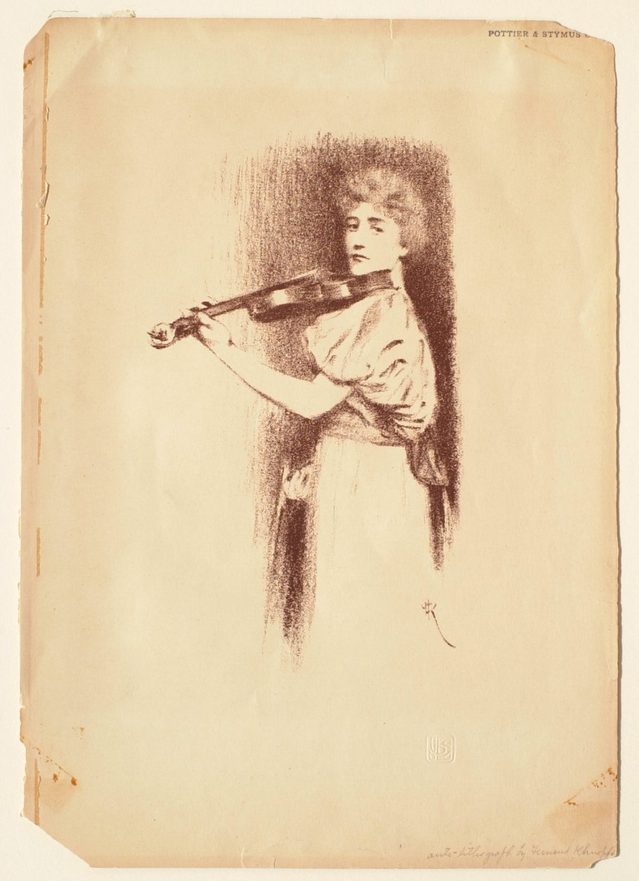 Vrouw die viool speelt door Fernand Khnopff