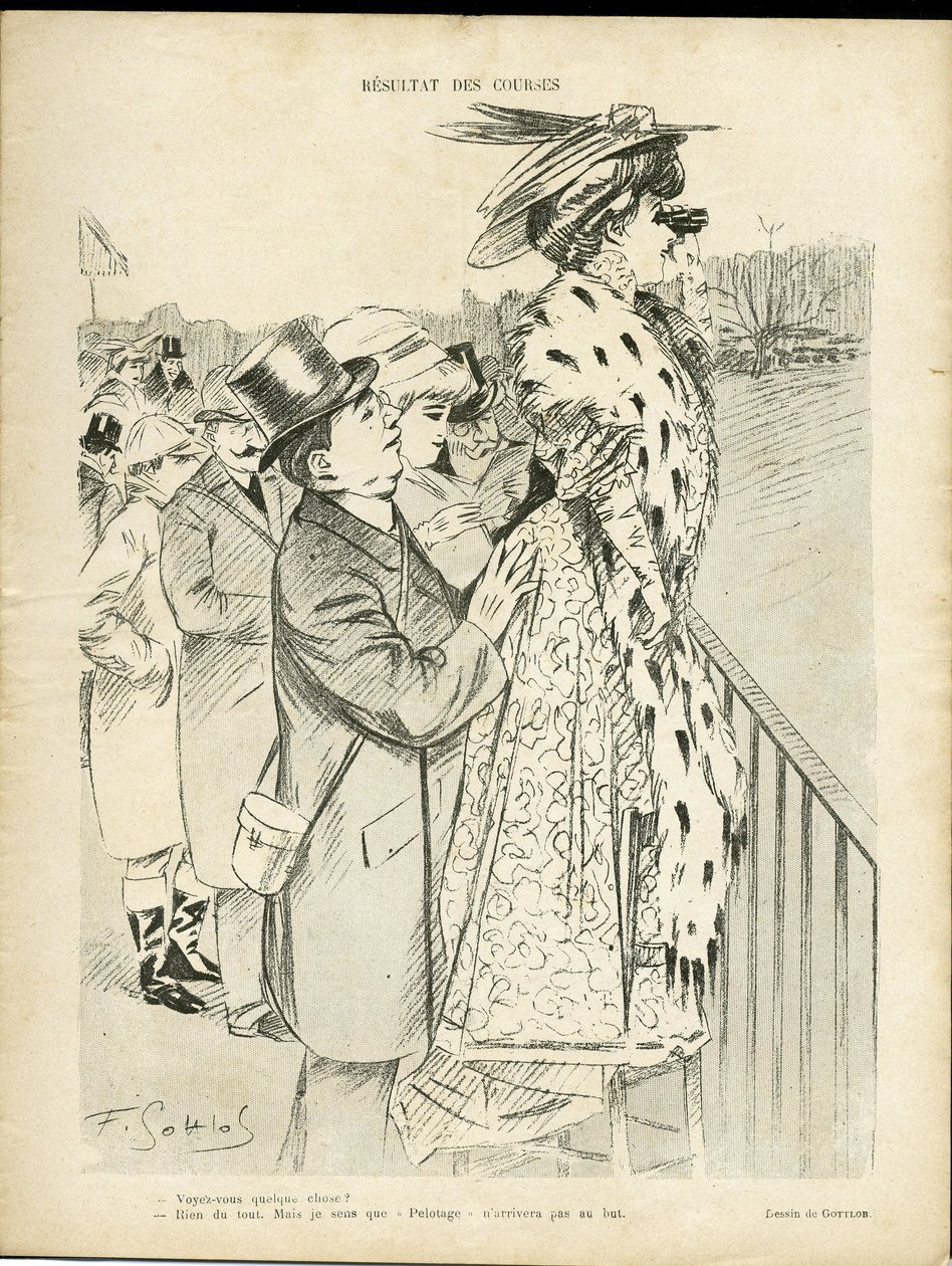 Illustratie van Gottlob (1873-1935) in Le Lire, 21/12/07 - Resultaten van races - Liefde, Mode, Leven van de rijken, Hippisme - Vrouwen door Fernand Louis Gottlob