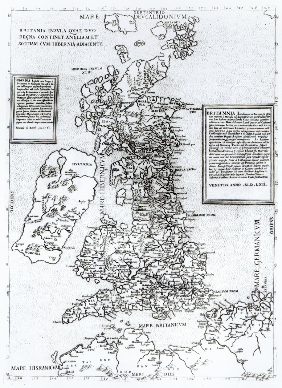 Britania Insula quae dup Regna continet Angliam et Scotiam cum Hibernia adiacente, gegraveerd door Paulo Forlani, 1562 door Fernando Bertelli