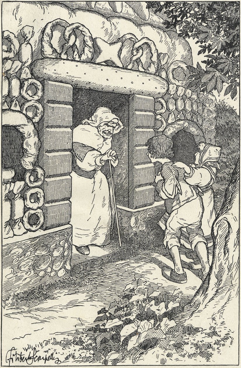 Twee kinderen in een marsepeinen huis in het bos. Illustratie door F. Scarpelli voor het sprookje Hans en Grietje, gebaseerd op een bundel van de gebroeders Grimm. Sneeuwwitje en andere sprookjes, Florence door Filiberto Scarpelli