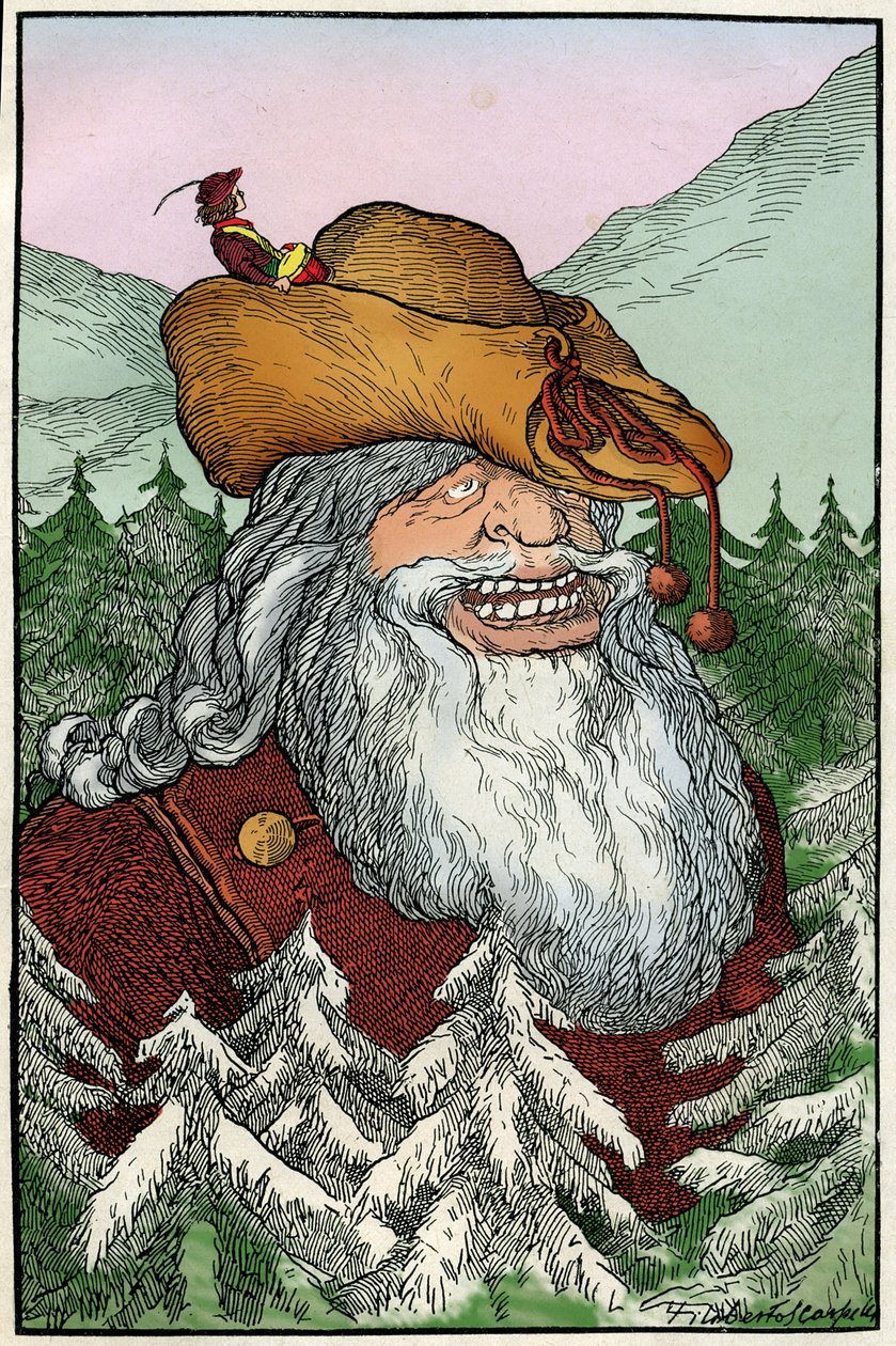 Illustratie door Filiberto Scarpelli (1870-1933) voor de fabel "" La montagna di cristallo "" (De kristallen berg) uit een verzameling fabels van de gebroeders Grimm "Sneeuwwitje en andere verhalen"" rond 1920. door Filiberto Scarpelli