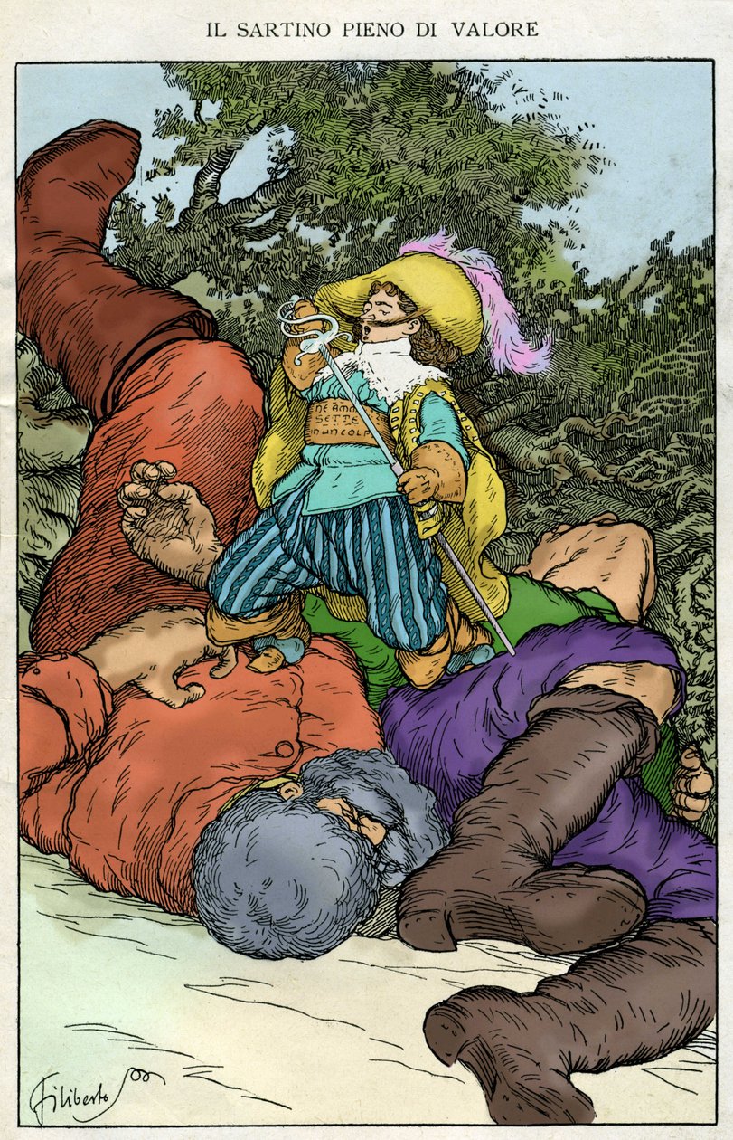 "Preparons la comedie dit - il" . Illustratie door Filiberto Scarpelli voor het sprookje "De dappere kleermaker" uit een verzameling fabels van de gebroeders Jacob en Wilhelm Grimm "Sneeuwwitje en andere sprookjes". door Filiberto Scarpelli