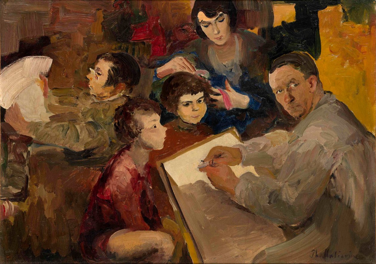 Zelfportret met familie door Filipp Andreevich Maliavin