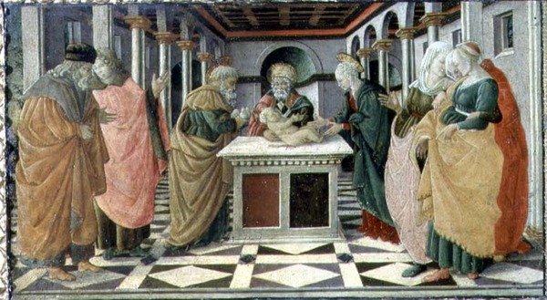 De Presentatie in de Tempel, predellapaneel van Het Geboortealtaarstuk in het Museo Civico door Filippino (and workshop) Lippi