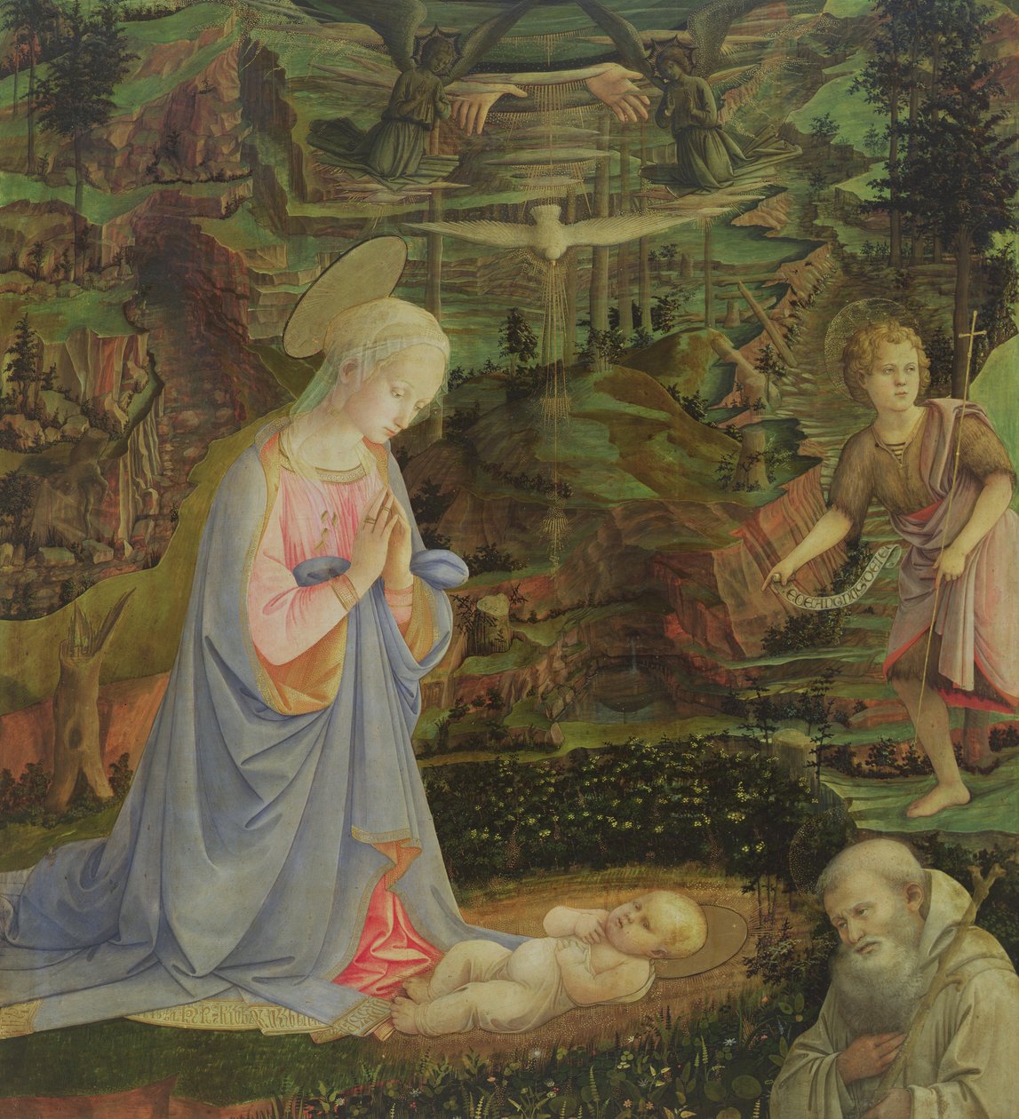 Aanbidding van het Kind met de jonge St. Jan en St. Romuald door Filippino Lippi
