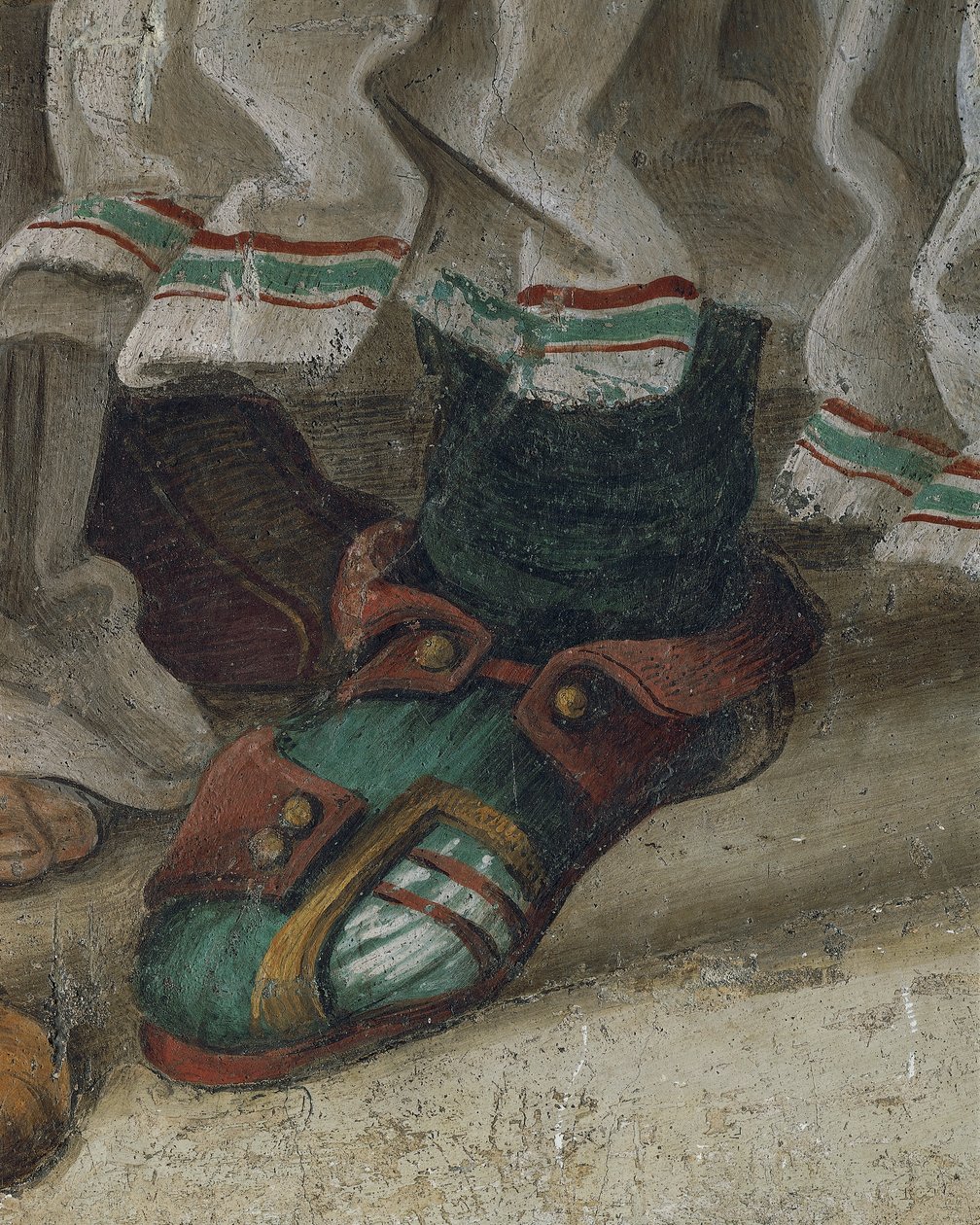 Sint Filippus verdrijft de draak uit de tempel van Hieropolis, detail van schoeisel, fresco door Filippino Lippi