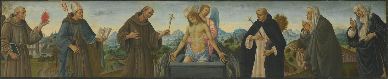 Man van Smarten en zes heiligen (de heilige Antonius van Padua, Lodewijk van Toulouse, Franciscus, Dominicus, Clara en Catharina van Siena) door Filippino Lippi