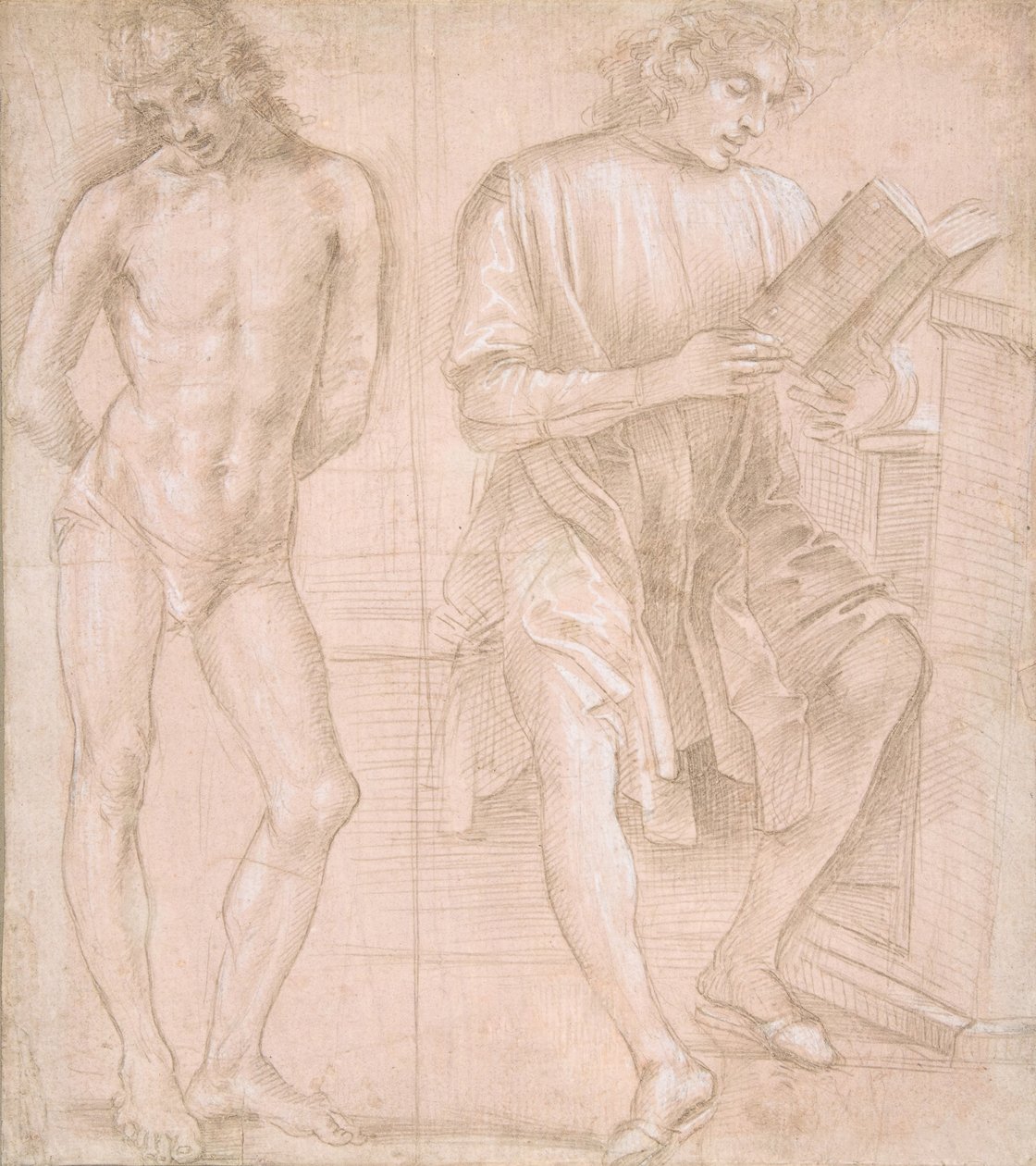 Staande jongeling met handen achter zijn rug, en een zittende jongeling lezend (recto), 1457-1504 door Filippino Lippi