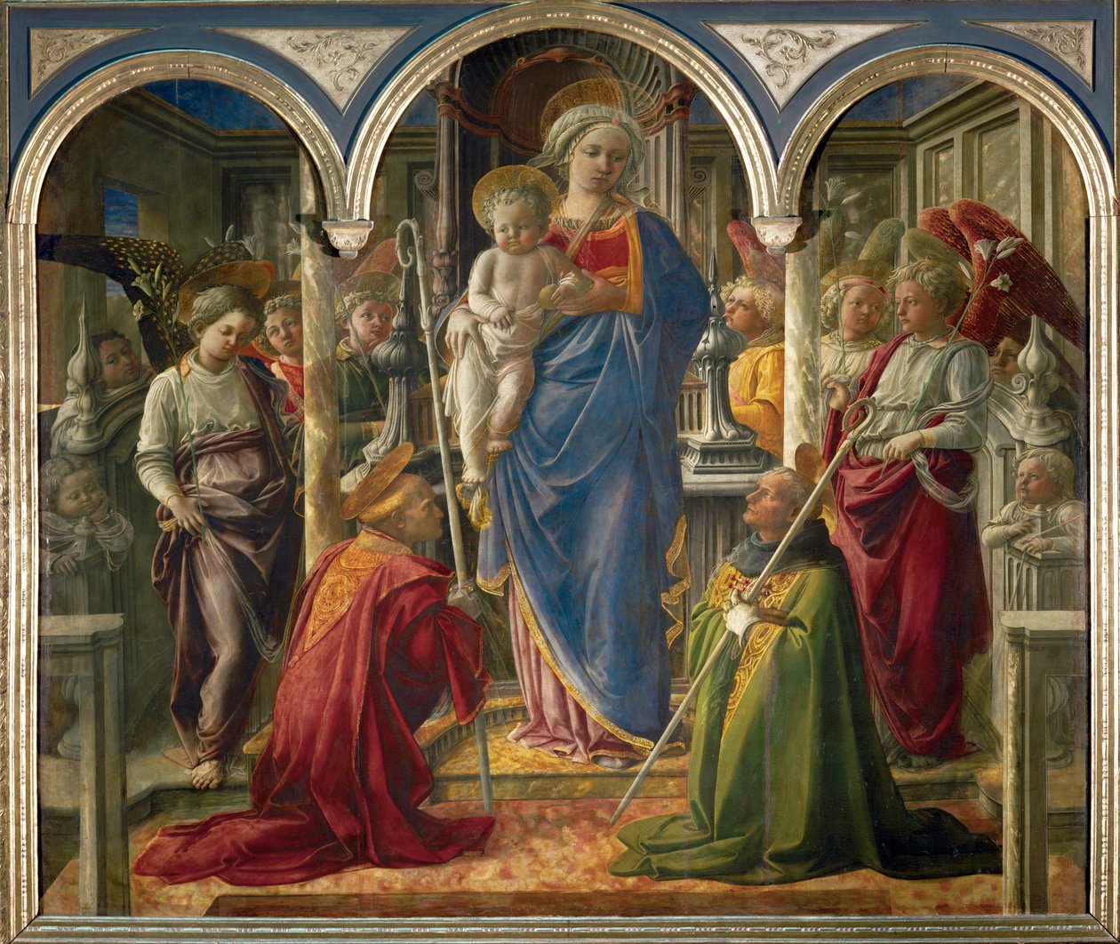 Madonna en kind met engelen, en de heiligen Frediano en Augustinus, genaamd "Pala Barbadori" ... door Filippo (workshop of) Lippi