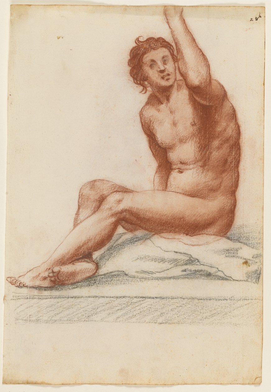 Mannelijke figuur met zijn lichaam naar links gedraaid, zijn linkerarm omhoog reikend, zittend op een doek door Filippo Esegrenio