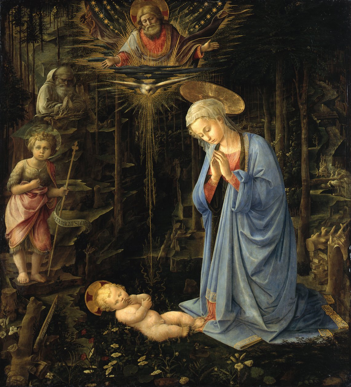 De maagd die het kind aanbidt / De aanbidding in het bos, De heilige familie met de jonge Johannes door Filippo Lippi