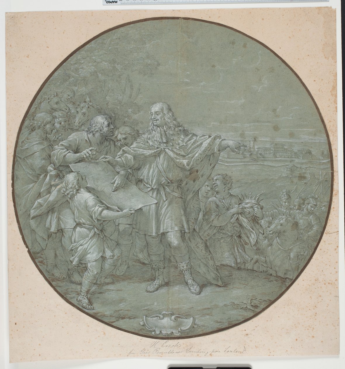 Cosimo III versterkt de haven van Livorno. Getekend ontwerp voor zilveren plaat, een van de zogenaamde "piatti di S. Giovanni" door Filippo Luzi