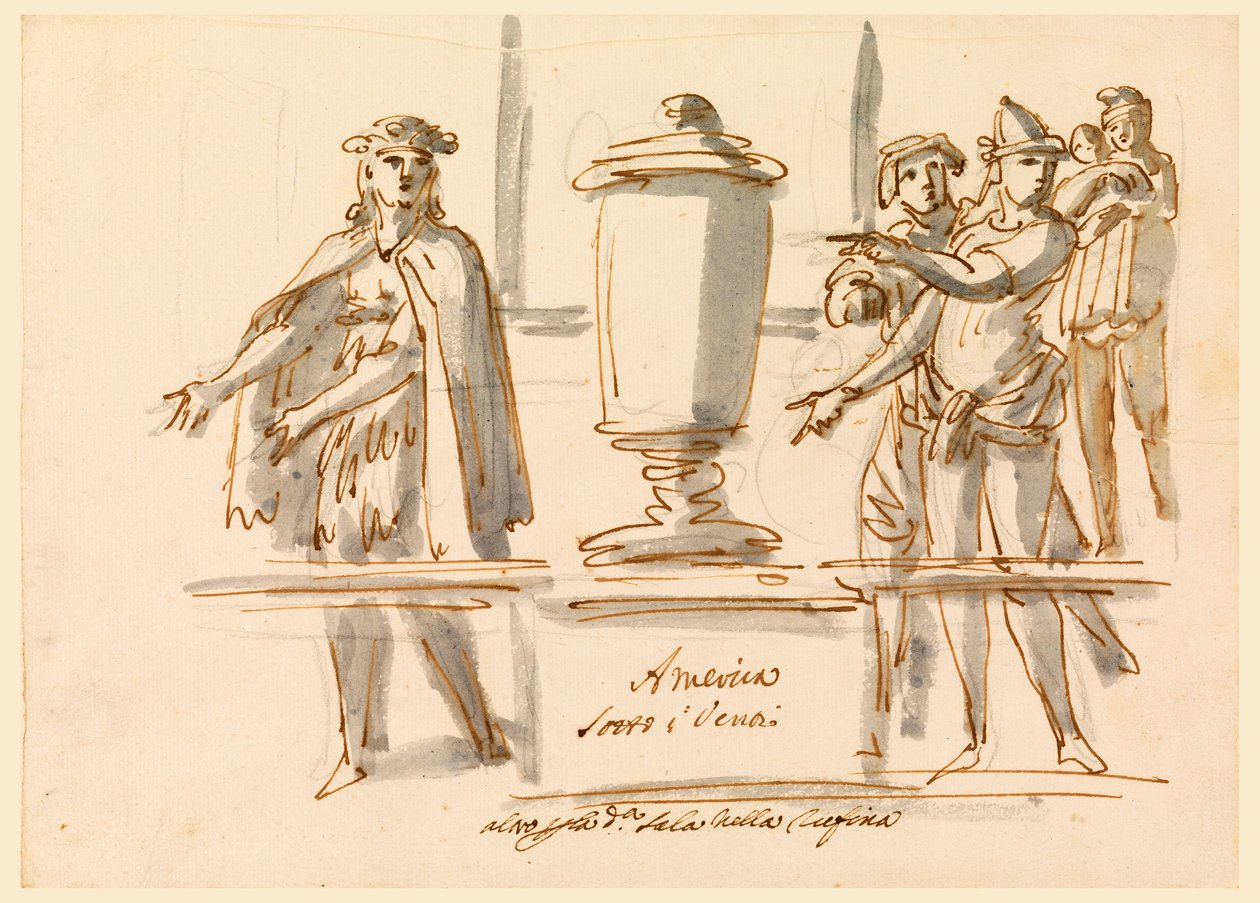 Tekening, Allegorie op Amerika, Decoratie voor de Salon van kardinaal Falconieri in Frascati, 18e-19e eeuw door Filippo Marchionni
