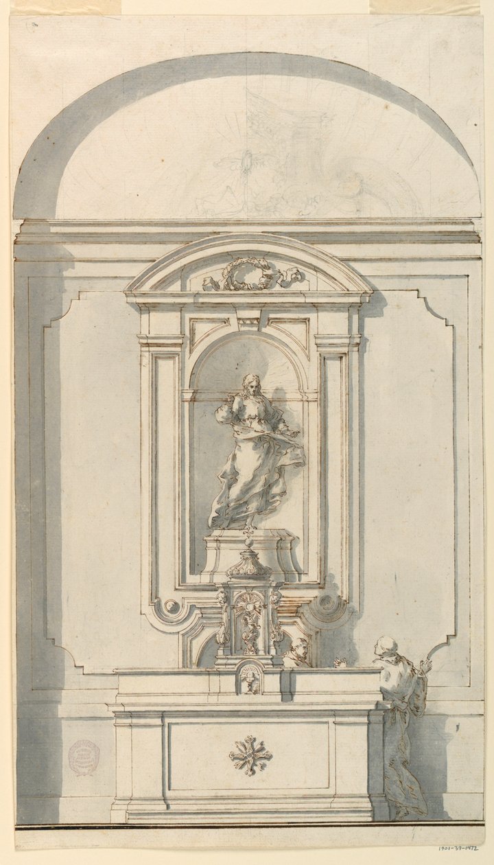 Tekening, Altaar met tabernakel en twee priesters in gesprek, 1750-75 door Filippo Marchionni