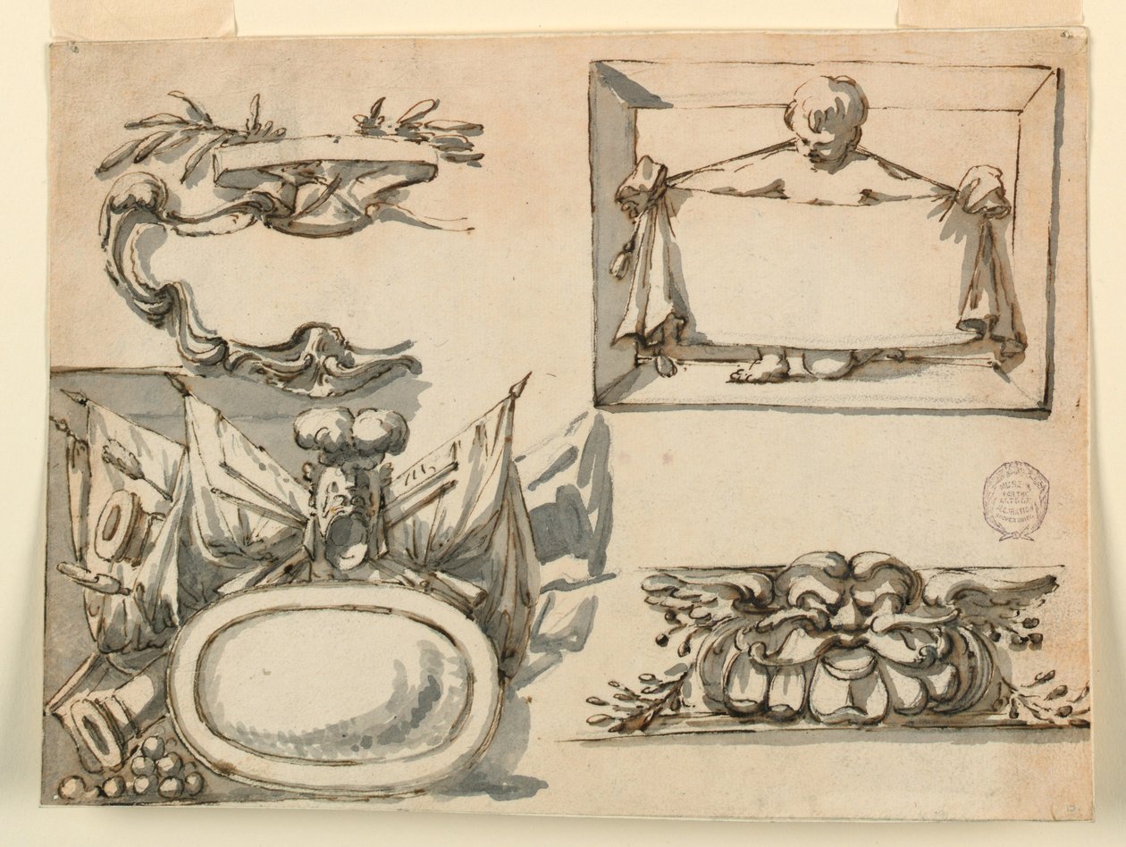 Tekening, Een wapenschild, een trofee, een etiket, een decoratief motief voor een fries, 1750-75 door Filippo Marchionni