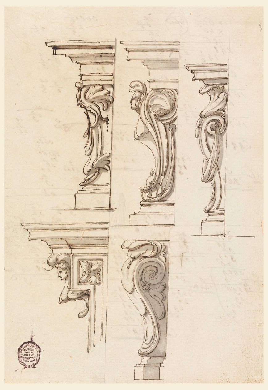 Tekening, Vijf hoekmotieven, ca. 1750 door Filippo Marchionni