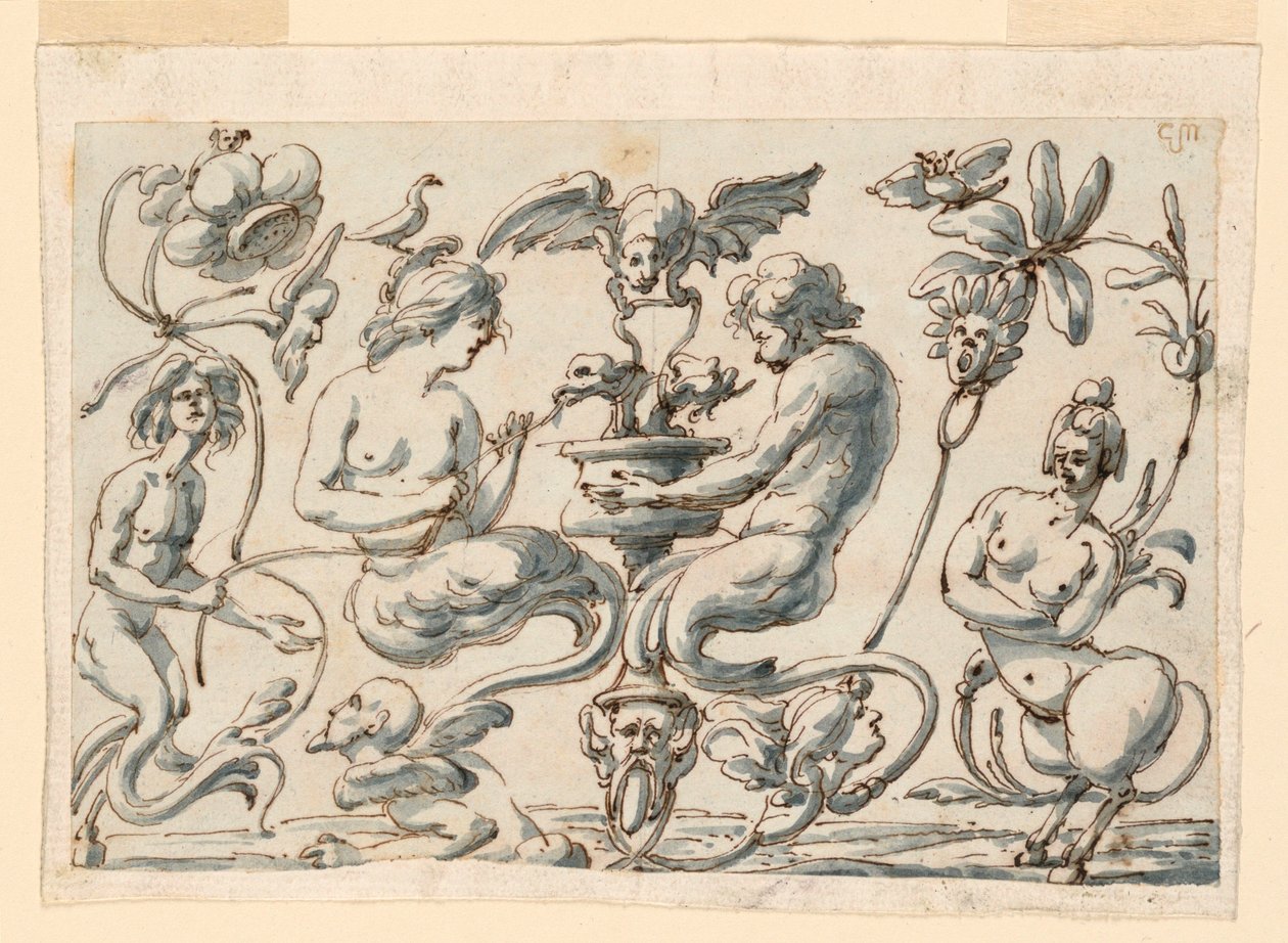 Tekening, Grotesk voor een langwerpig paneel, 1730-50 door Filippo Marchionni