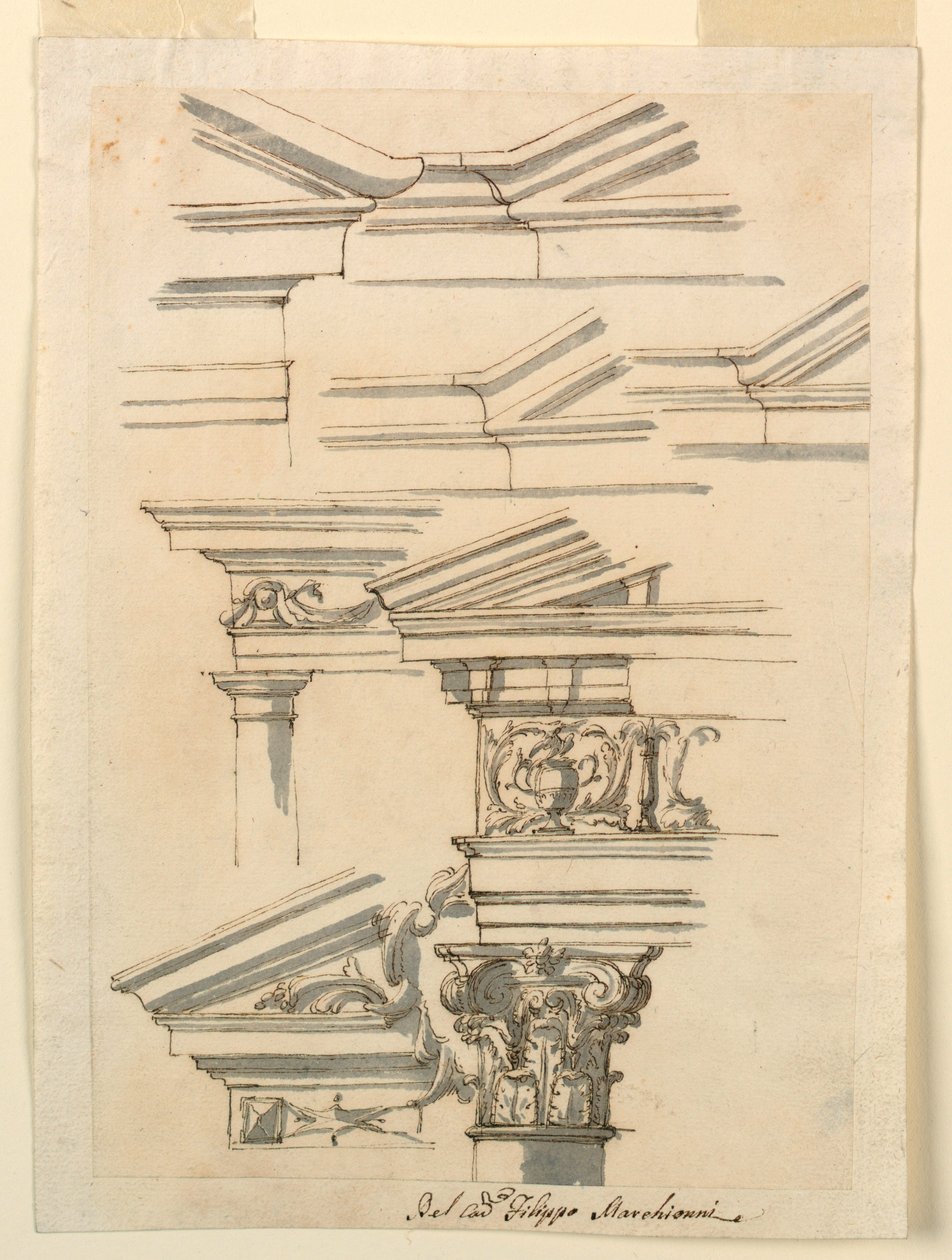 Tekening, Studies voor kroonlijsten en fronton, ca. 1770 door Filippo Marchionni