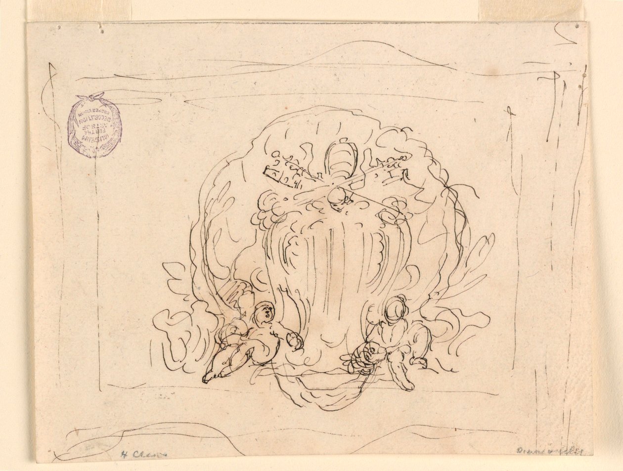 Tekening, Tablet met het wapen van paus Benedictus XIV met schelp als achtergrond, 1740-58 door Filippo Marchionni