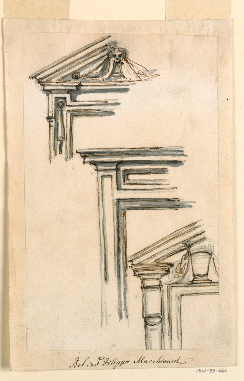 Tekening, Drie raam- of deurkozijnen, ca. 1770 door Filippo Marchionni