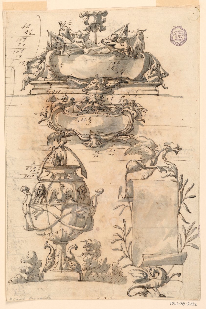 Tekening, Twee wapenschilden, decoratieve vaas en een rol, 1750-75 door Filippo Marchionni