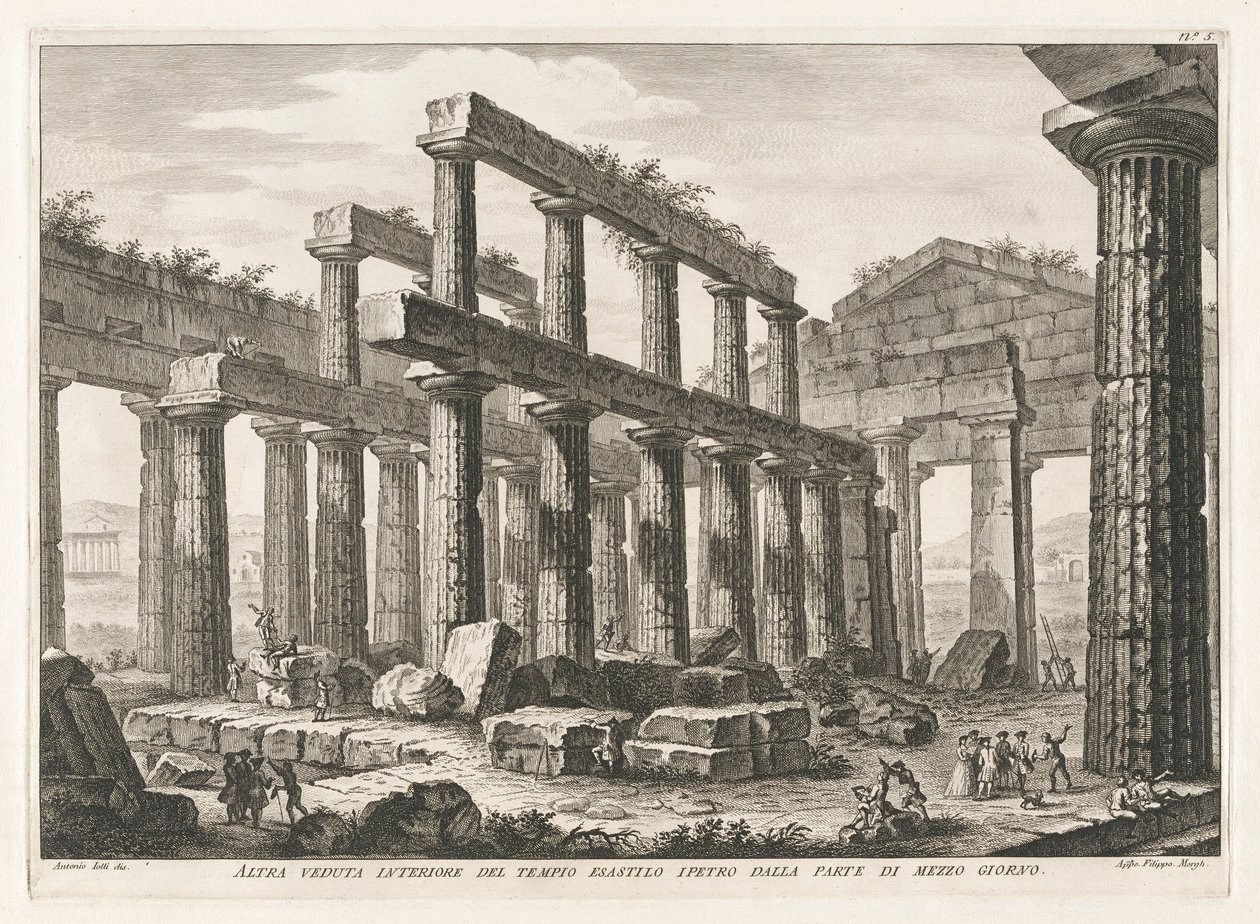 Een andere binnenaanzicht van de hexastyle hypaethral tempel vanuit het zuiden, uit Antichità di Pesto (Antiquiteiten van Paestum) door Filippo Morghen