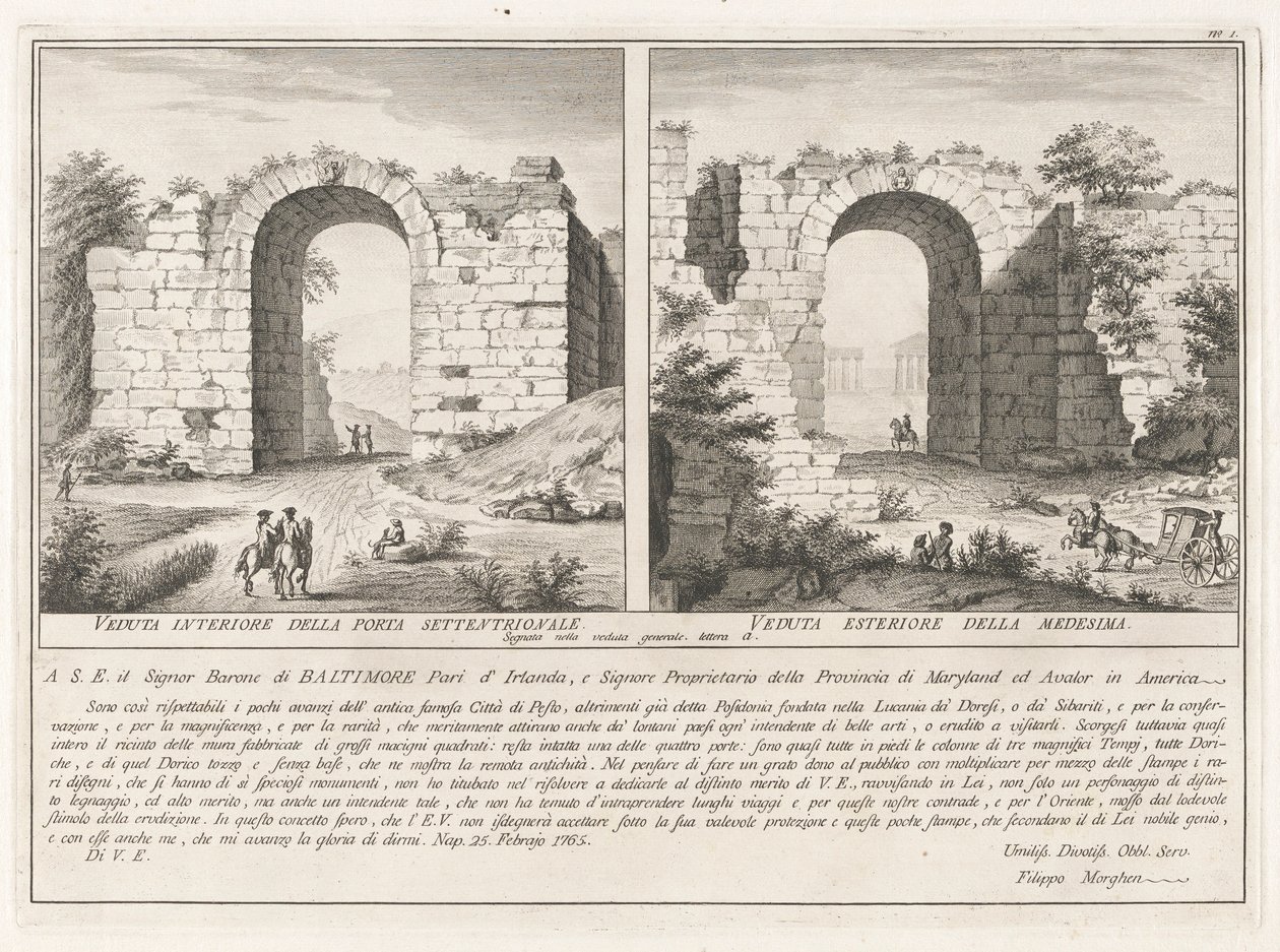 Toewijdingspagina, uit Antichità di Pesto (Oudheden van Paestum) door Filippo Morghen