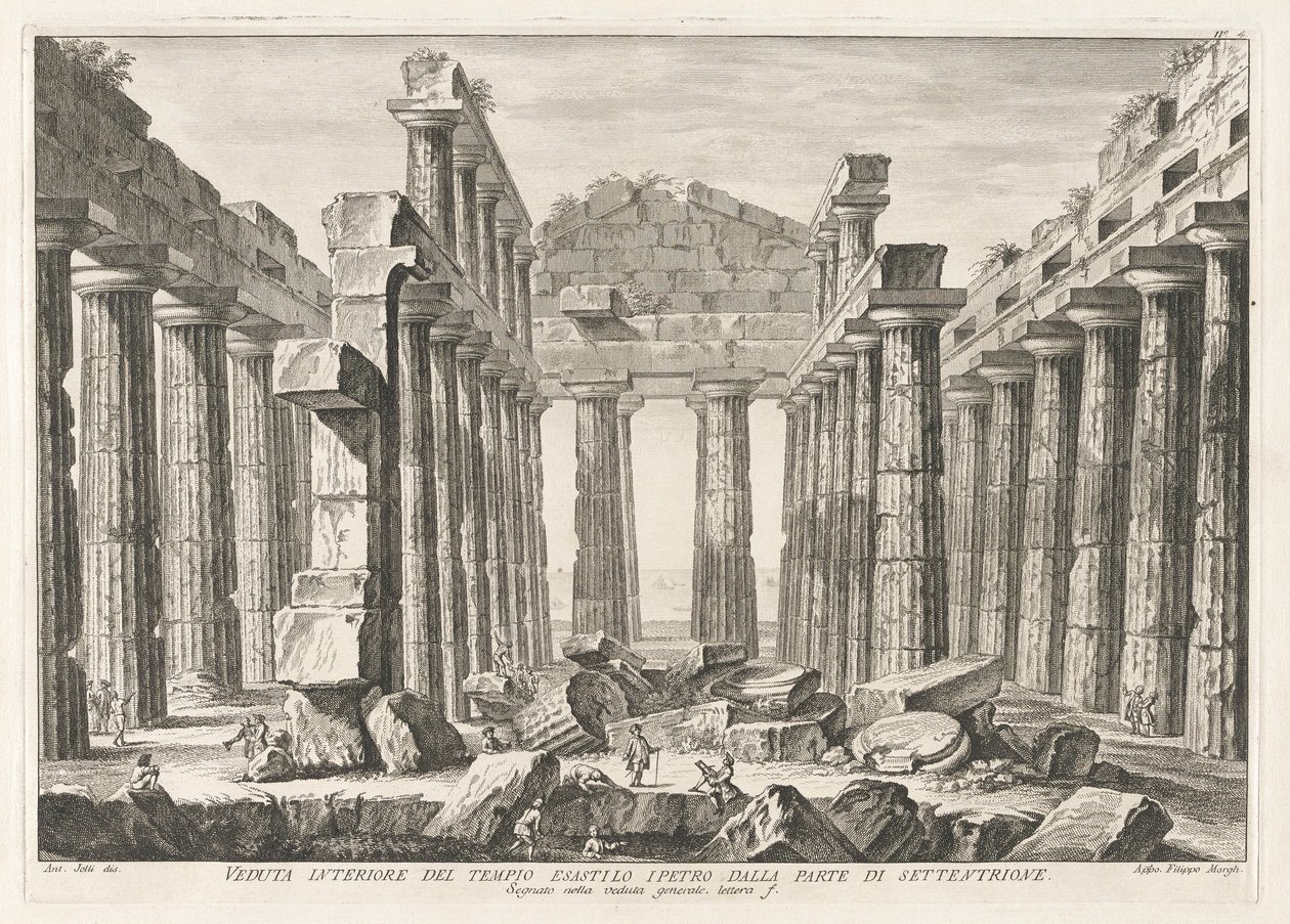 Interieurzicht van de Hexastyle Hypaethral Tempel vanuit het noorden, uit Antichit? di Pesto (Antiquiteiten van Paestum) door Filippo Morghen