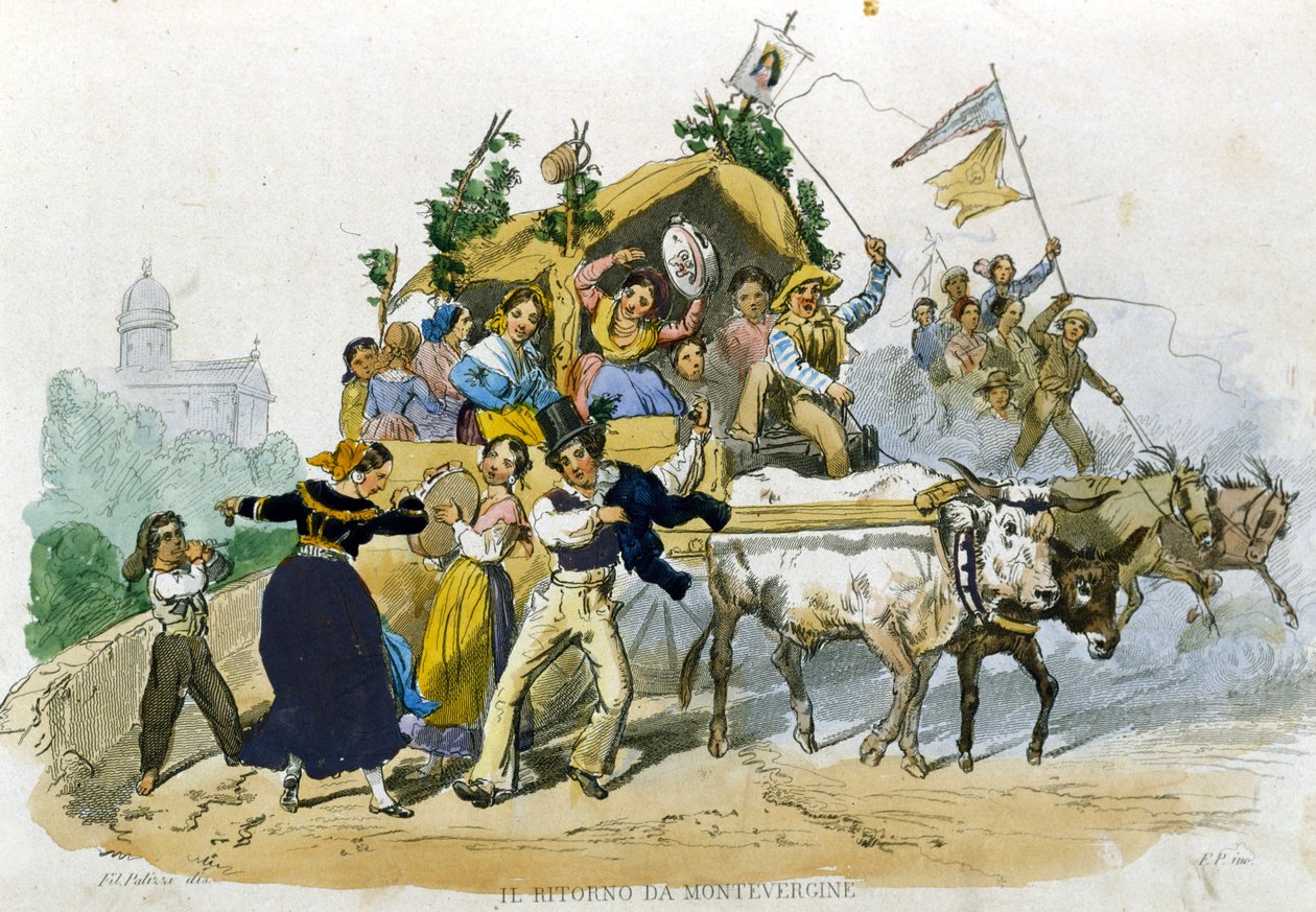 Neapolitanen keren vrolijk terug van de excursie naar Montevergine. Tekening door F. Palizzi uit 