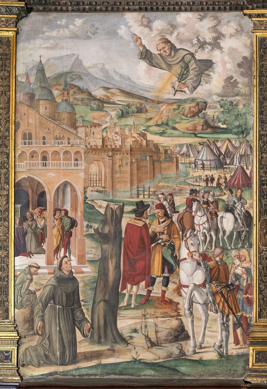 De heilige verschijnt aan de gezegende Luca Belludi en voorspelt de bevrijding van Padua, School van de Heilige door Filippo da Verona