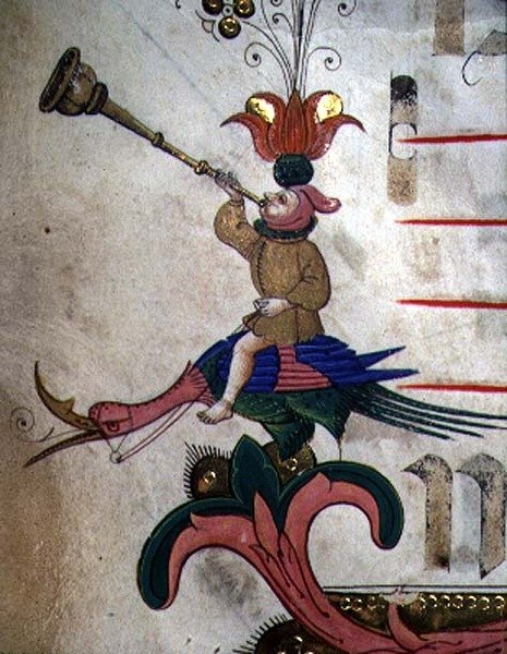 Missaal 515 f.9r Figuur die een hoorn blaast, gemonteerd op een getooide vogel, detail van decoratieve rand uit een Koorboek uitgevoerd voor 1449 (detail) door Filippo di Matteo Torelli