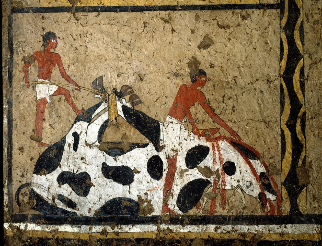 Egyptische antiquiteiten: een stier wordt geofferd voor een sarcofaag. Detrempe op klei en stro uit het graf van de generaal en kanselier van koning Iti in El Ghebelen nabij Luxor. 2200-2000 v.Chr. Turijn, Egyptisch museum door First Intermediate Period Egyptian