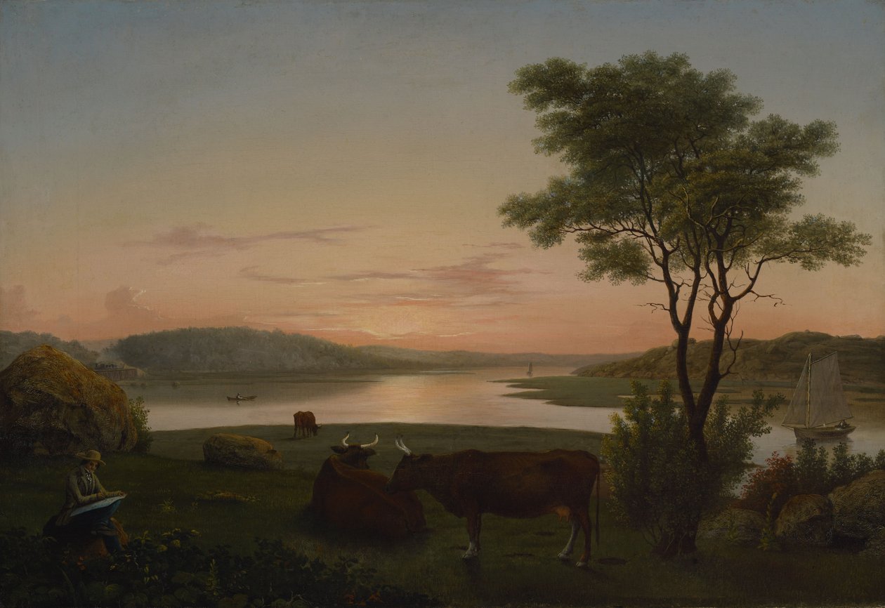 New England Inlet met zelfportret door Fitz Henry Lane