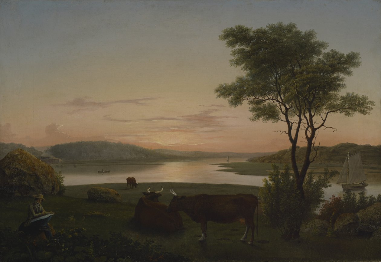 New England Inlet met zelfportret door Fitz Henry Lane