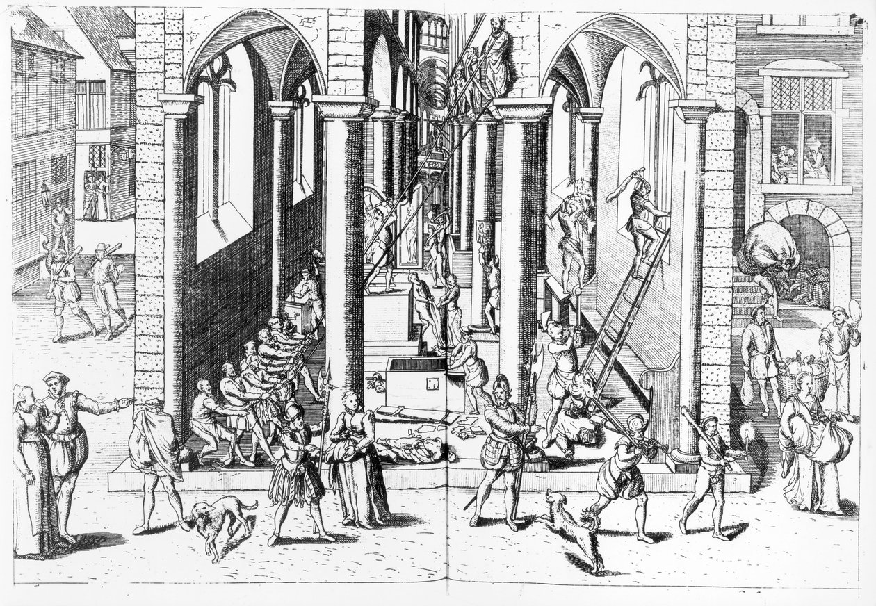 Calvinisten vernietigen beelden in de katholieke kerken, 1566 door Flemish School