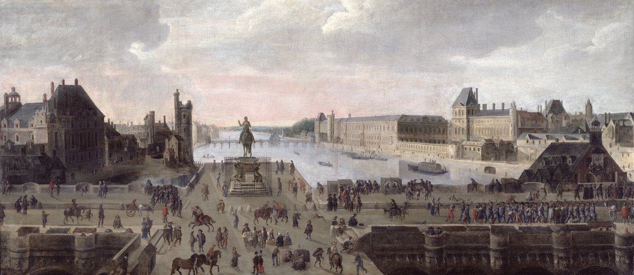 Uitzicht op de Pont-Neuf en de rivier de Seine stroomafwaarts, c.1633 door Flemish School