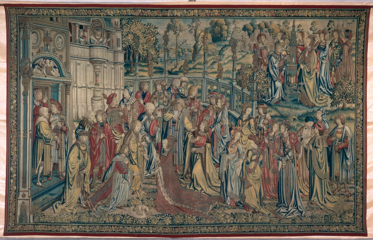Bathseba naar het Paleis Geroepen, Wandtapijt van David en Bathseba, ca. 1510-15 door Flemish School