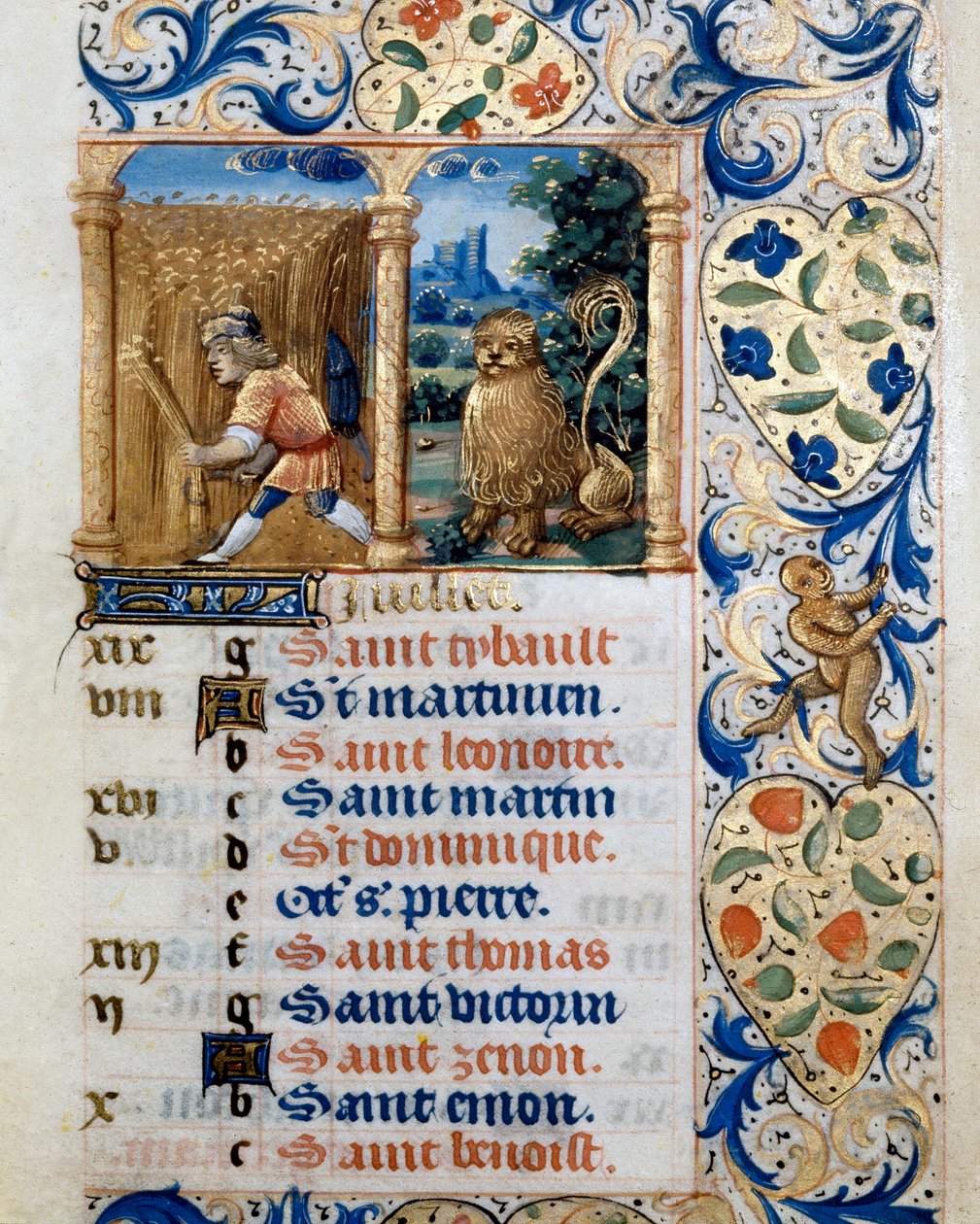 Kalender, de maand juli, een boer in een tarweveld en het teken van de leeuw. Pagina uit een getijdenboek ms. 47, verlucht door de Vlaamse school. 16e eeuw Badia de 