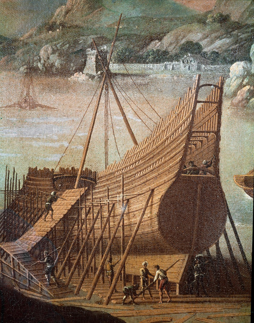 Bouw van een galei in een scheepswerf in Genua (detail) door Flemish School