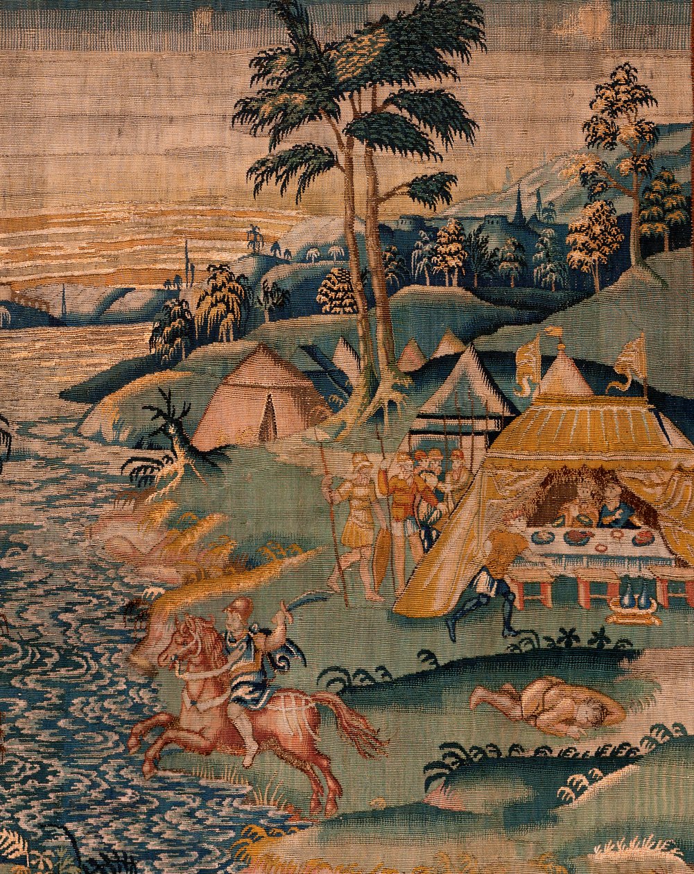 Vlaamse wandtapijt. Militair kamp bij de rivier Granikos (Het legerkamp bij de rivier Granikos). Atelier van Oudenaarde. 377x393cm. Inv 83104-9 /00011. 17e eeuw. door Flemish School