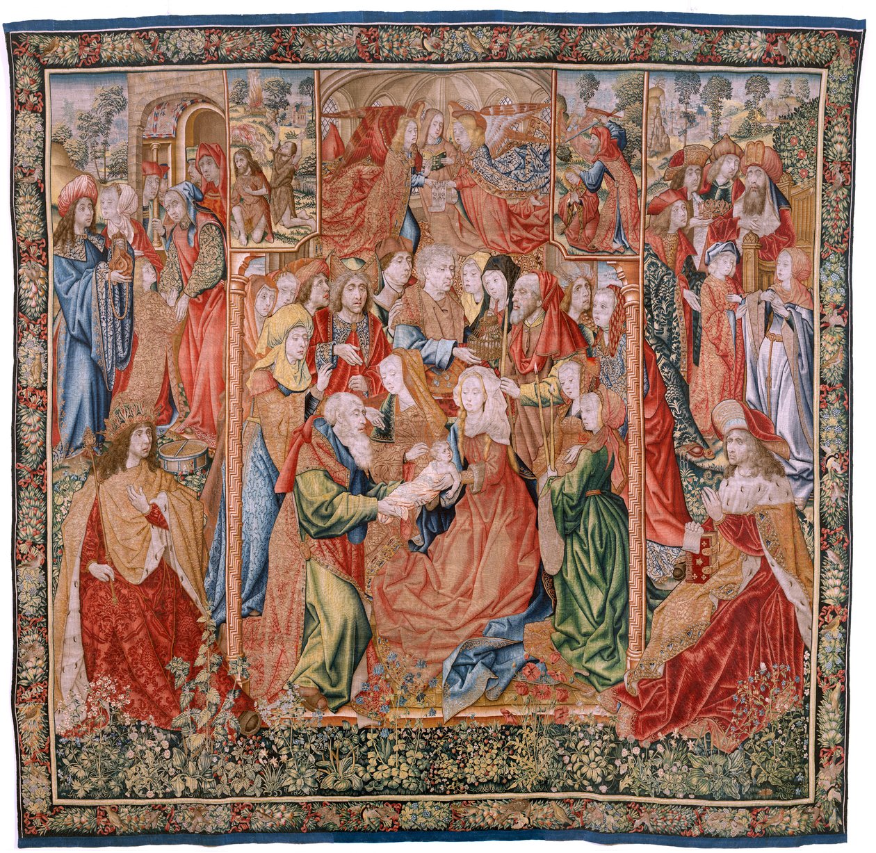 Vlaams wandtapijt. Serie Episodes uit het leven van de Maagd; Presentatie in de Tempel. Tweede wandtapijt in de serie. Modellen Toegeschreven aan Jan van Roome (of van Brussel). Manufacture Pieter van Aelst, Brussel. Ca 1502-1504. door Flemish School