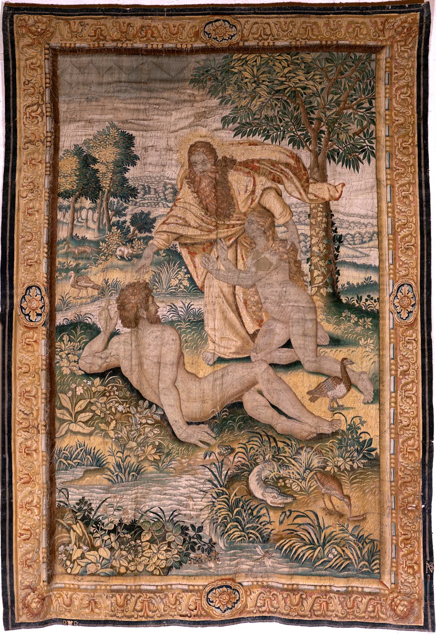 God creëert de vrouw en introduceert haar aan Adam (Dios crea a la mujer y la presenta a Adán). Ca 1630. door Flemish School