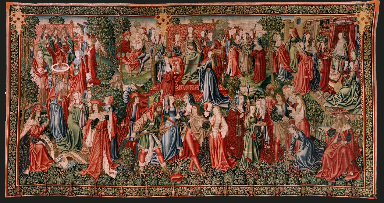 Vlaams wandtapijt. Serie Menselijke Verlossing of Ondeugden en Deugden. Ondeugden leiden de Mens naar zonde. Tweede wandtapijt in de serie. door Flemish School