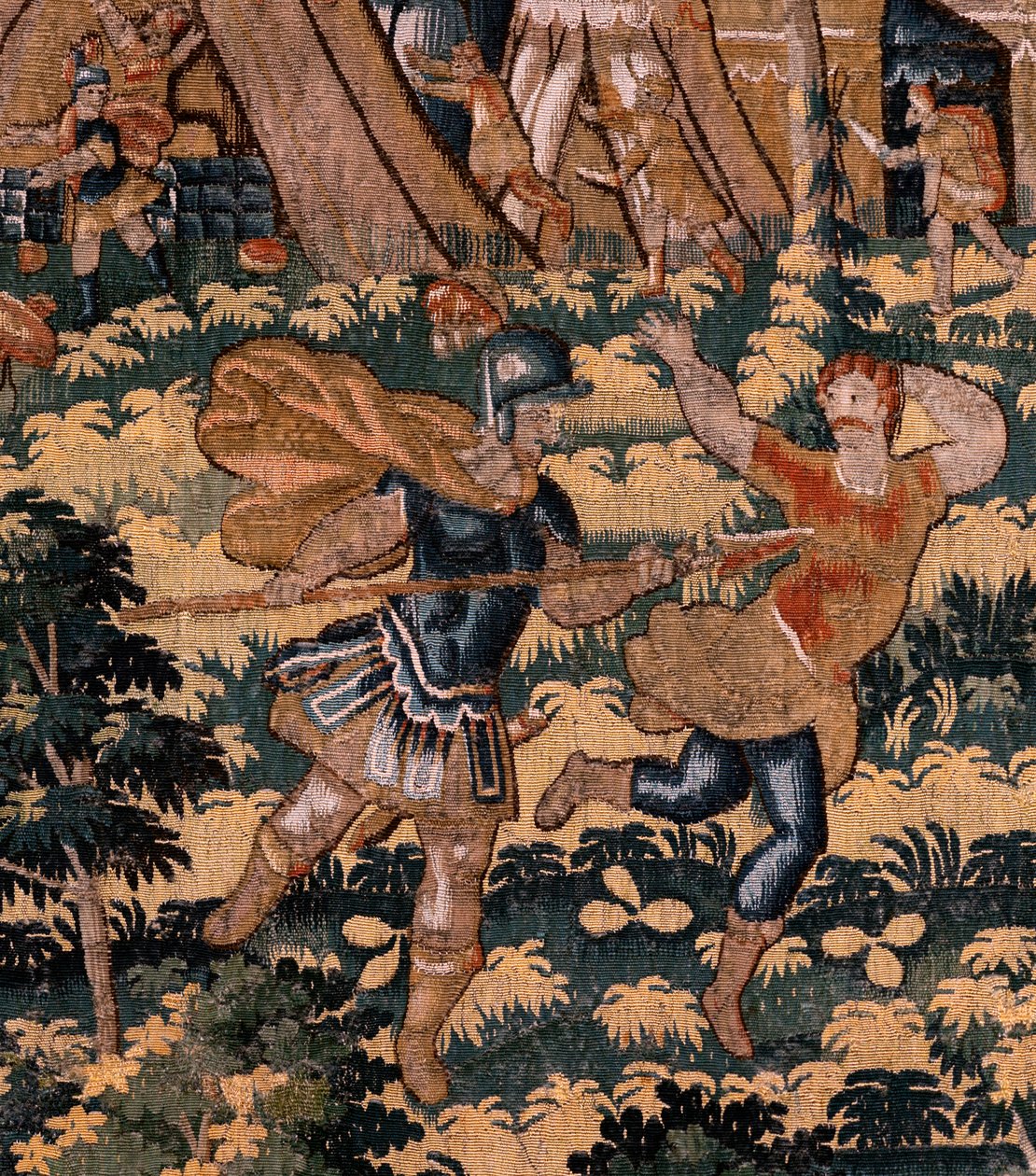 Vlaamse wandtapijt. Serie Verhaal van Cyrus. Nr. V Gevecht tussen twee krijgers en de dood van Cyrus. Anoniem, gebaseerd op Michiel Coxcie. Atelier Antwerpen. Ca 1590. door Flemish School