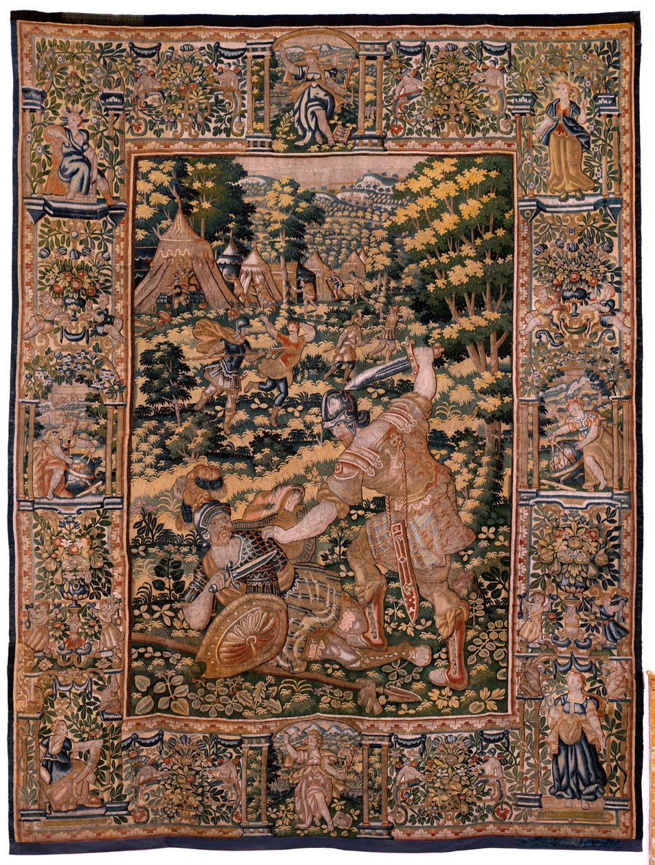 Vlaamse wandtapijt. Serie Verhaal van Cyrus. Nr. V Gevecht tussen twee krijgers en de dood van Cyrus (Combate de dos guerreros y muerte de Ciro). Anoniem, gebaseerd op Michiel Coxcie. Atelier Antwerpen. Zijde en wol. Ca 1590. door Flemish School