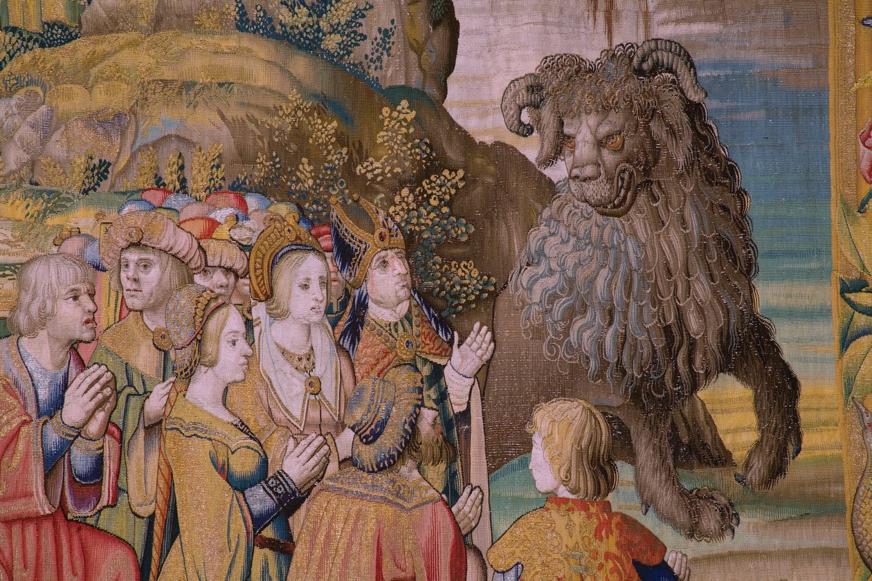 De Apocalyps: Sint-Michiel verslaat de draak. Ca 1553-1555. (detail) door Flemish School