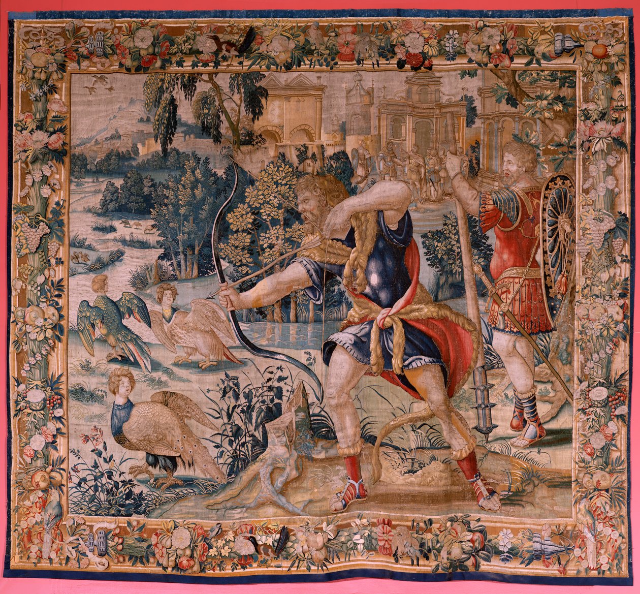 Vlaamse wandtapijt. Serie De werken van Hercules. Hercules en de Stymphalische vogels. Eerste wandtapijt in de bestaande serie. Model onbekend. Fabrikant Willem Dermoyen, Brussel. Ca 1528. door Flemish School