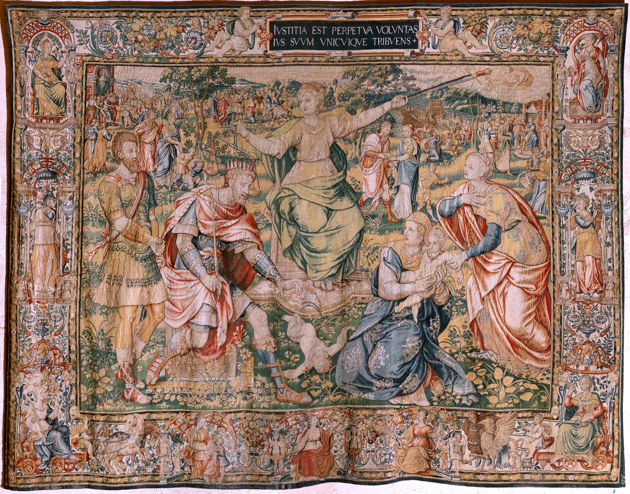 Vlaams wandtapijt. Serie De Zeven Deugden. Gerechtigheid. Model gebaseerd op Michiel Coxcie. Manufacture Brussel. Manufacture door Frans Geubels. Ca 1560-1570. Zijde en wol. Locatie Kathedraal van Burgos. Oorsprong Een legaat aan t door Flemish School