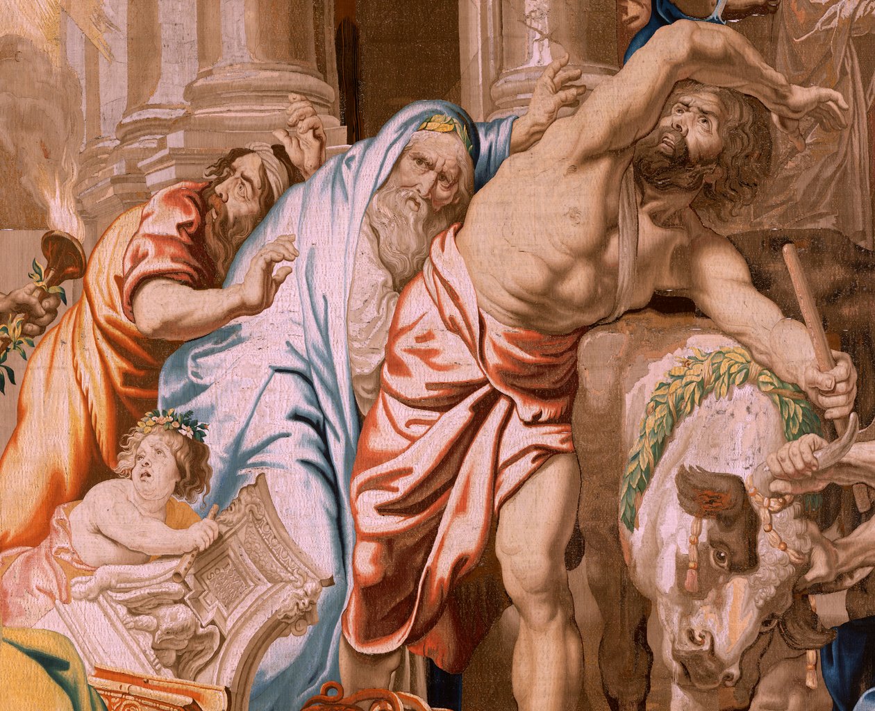 Vlaamse wandtapijt. Serie De Triomf van de Eucharistie. Overwinning van de Eucharistie over heidense offers. Vierde wandtapijt in de serie. Model Peter Paul Rubens. 1626-1628. Manufacture Jan II Raes, Jacob Geubels II en Hans Vervoert, Brussel. door Flemish School